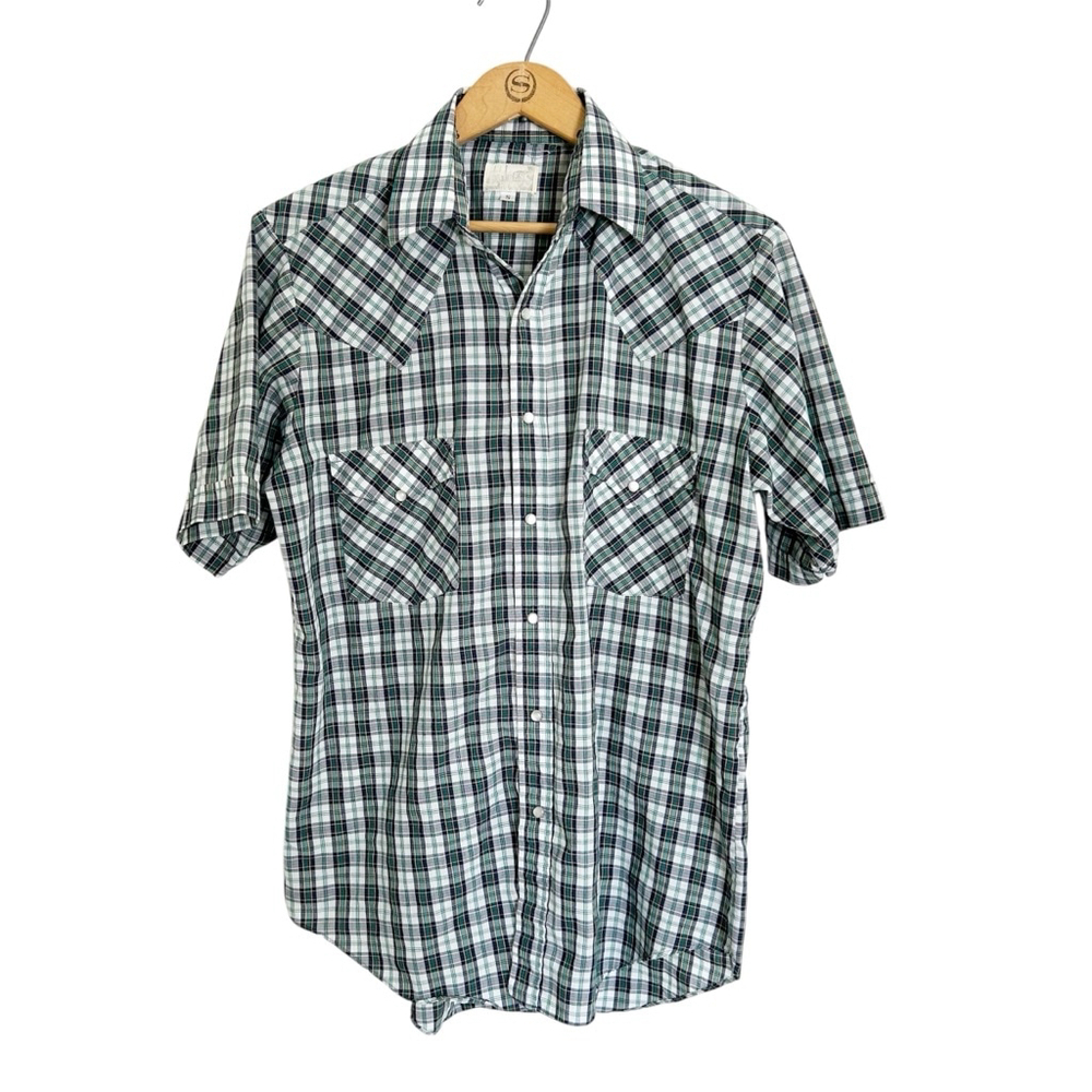Vintage Green & White Express Rider Plaid Western Shirt Pearl Snapd